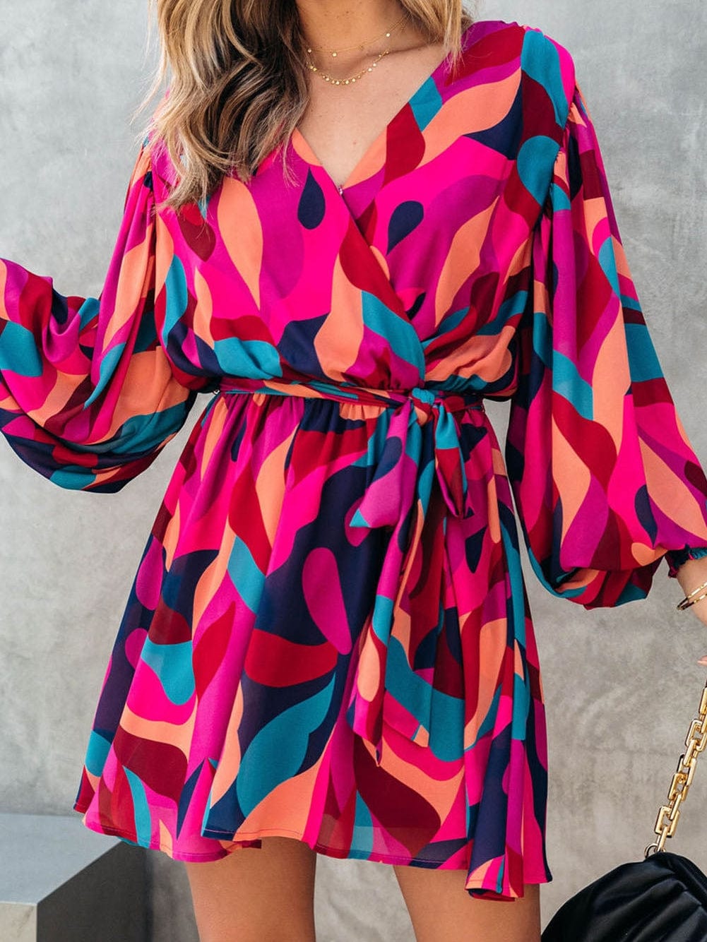 Abstract Red Print Belted Puff Sleeve Mini Dress with a Vibrant Touch