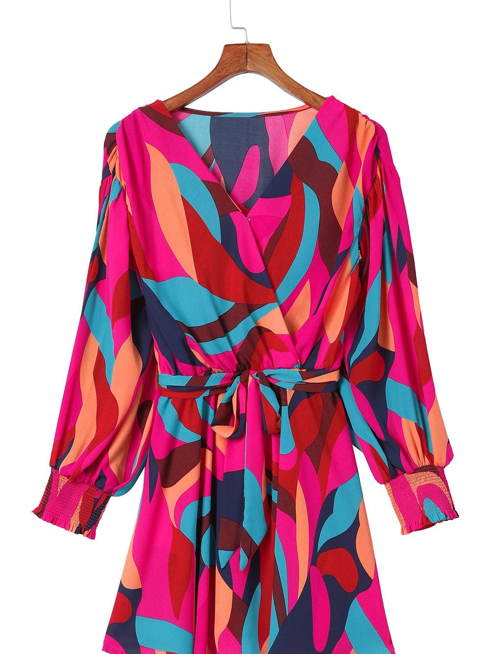 Abstract Red Print Belted Puff Sleeve Mini Dress with a Vibrant Touch