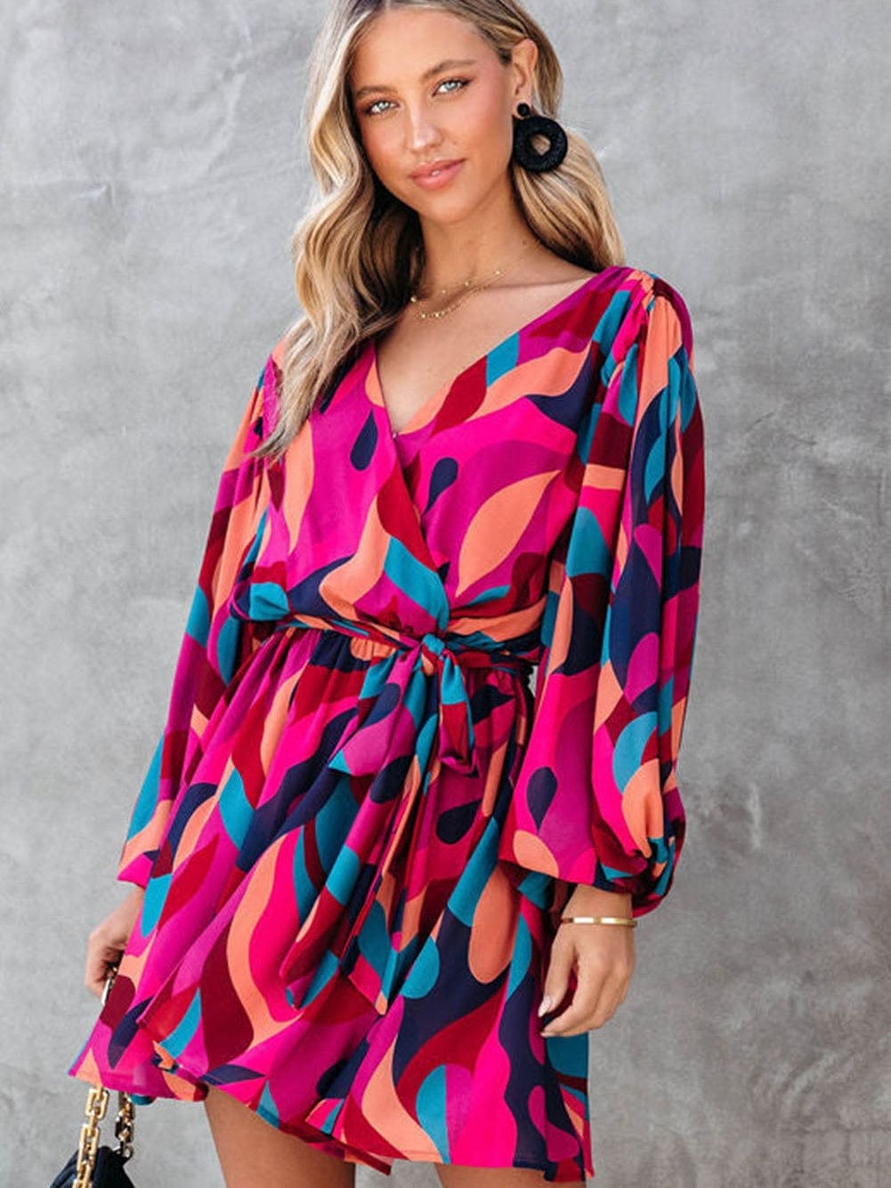 Abstract Red Print Belted Puff Sleeve Mini Dress with a Vibrant Touch