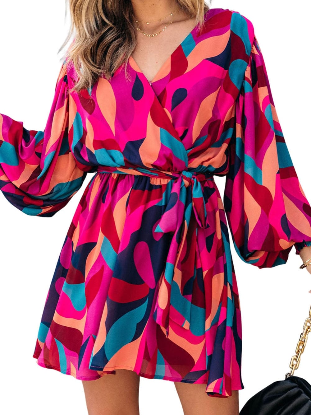 Abstract Red Print Belted Puff Sleeve Mini Dress with a Vibrant Touch