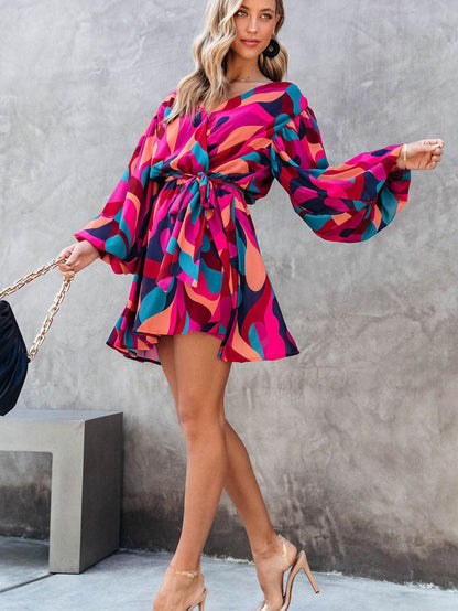 Abstract Red Print Belted Puff Sleeve Mini Dress with a Vibrant Touch