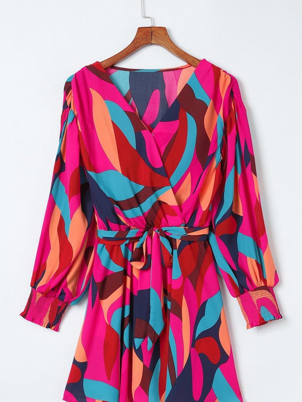 Abstract Red Print Belted Puff Sleeve Mini Dress with a Vibrant Touch