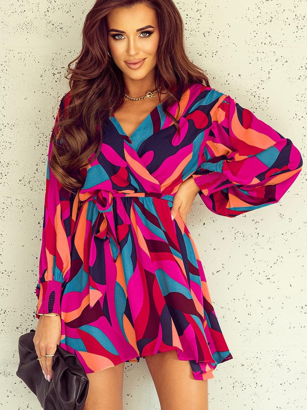 Abstract Red Print Belted Puff Sleeve Mini Dress with a Vibrant Touch