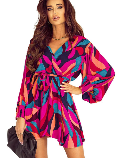 Abstract Red Print Belted Puff Sleeve Mini Dress with a Vibrant Touch