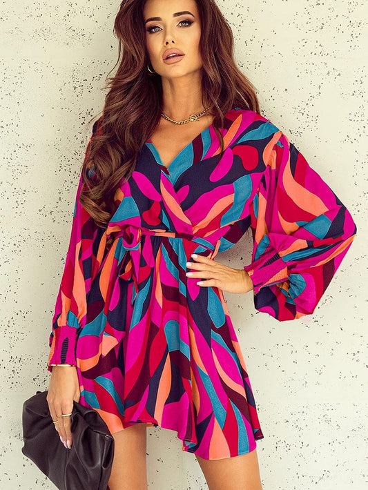 Abstract Red Print Belted Puff Sleeve Mini Dress with a Vibrant Touch