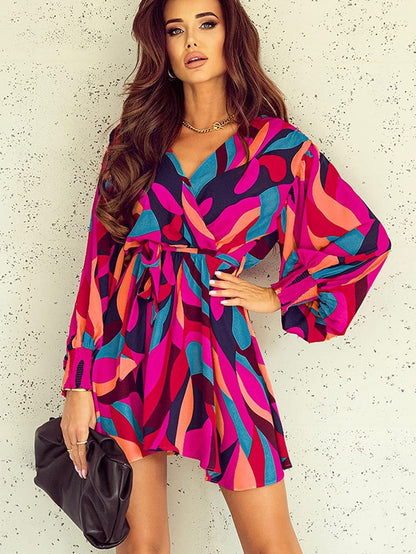 Abstract Red Print Belted Puff Sleeve Mini Dress with a Vibrant Touch