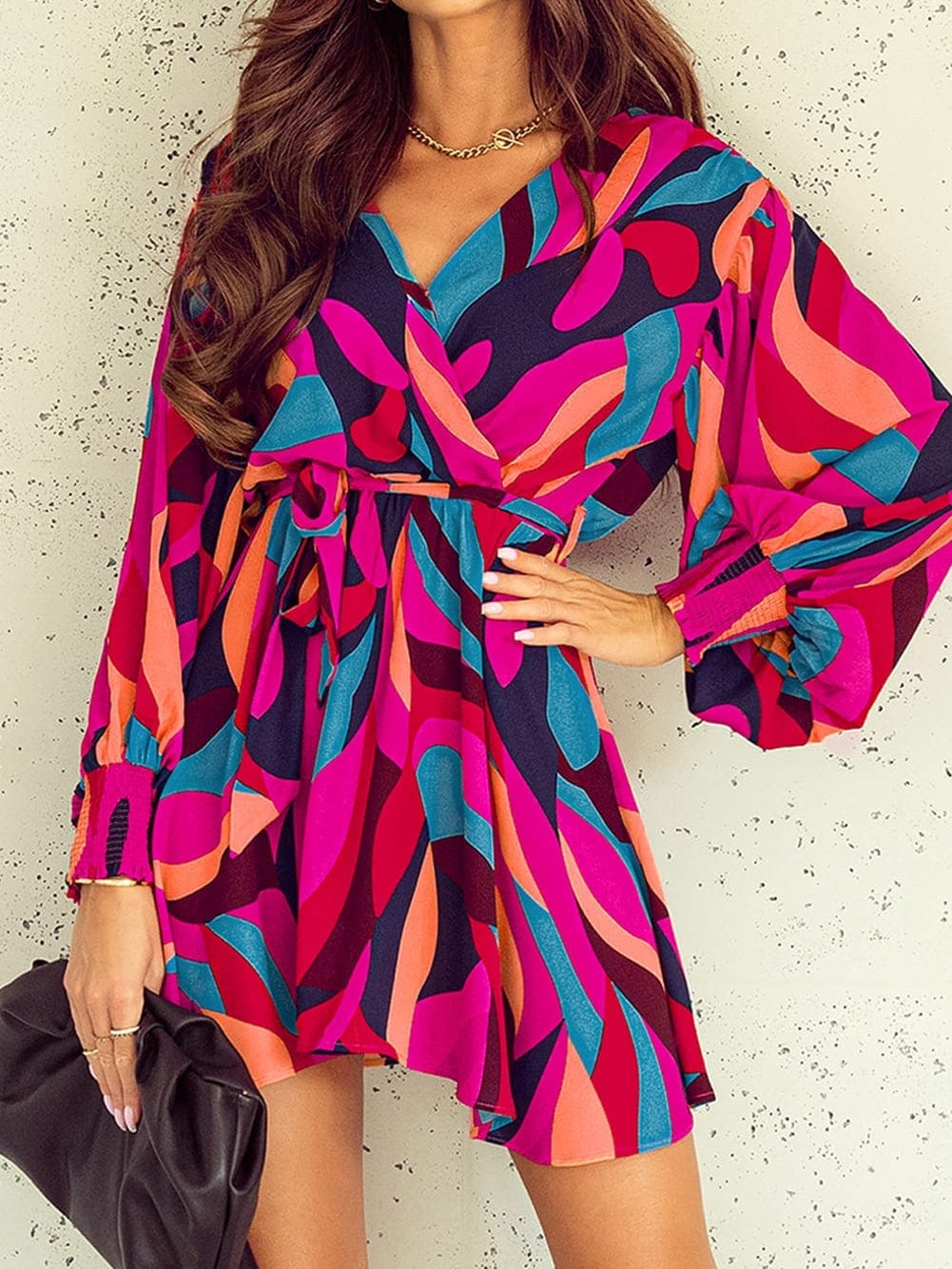 Abstract Red Print Belted Puff Sleeve Mini Dress with a Vibrant Touch