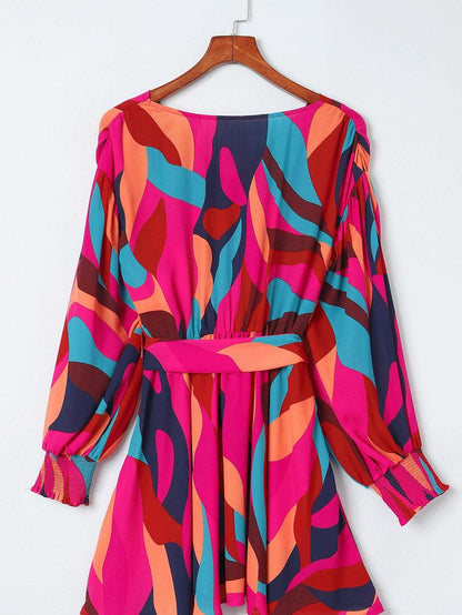 Abstract Red Print Belted Puff Sleeve Mini Dress with a Vibrant Touch