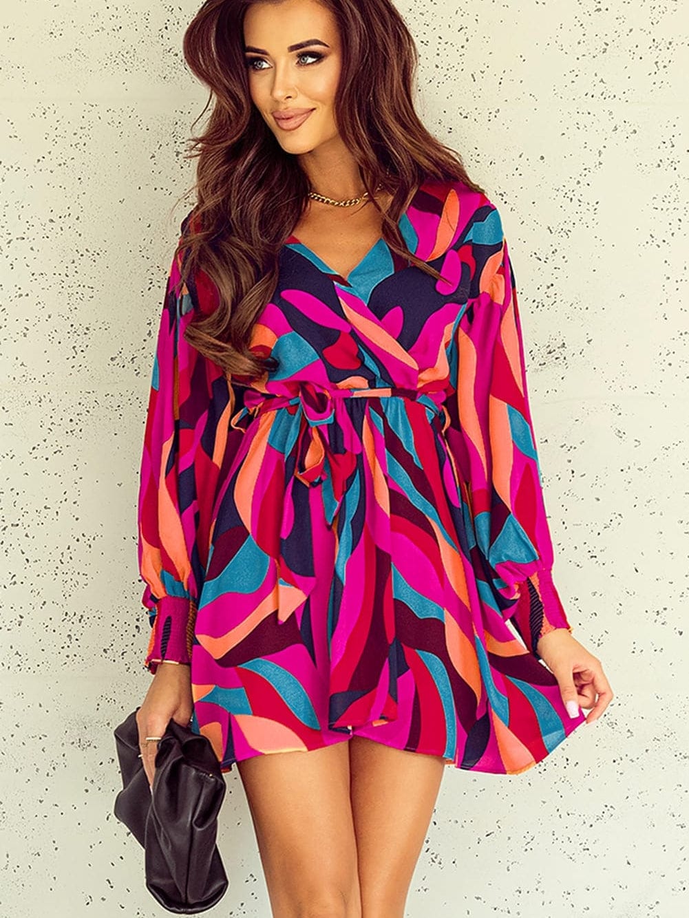 Abstract Red Print Belted Puff Sleeve Mini Dress with a Vibrant Touch