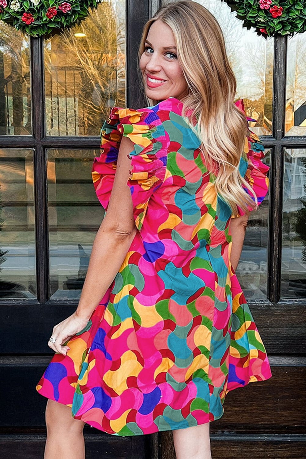 Abstract Rose Red Ruffle Sleeve Shift Dress with Southern Belle Style