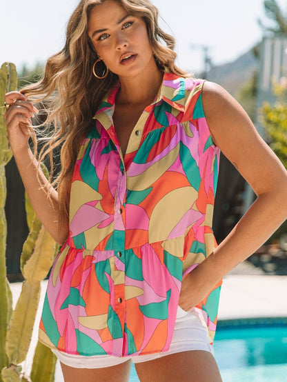 Abstract Shift Style Multicolor Sleeveless Shirt