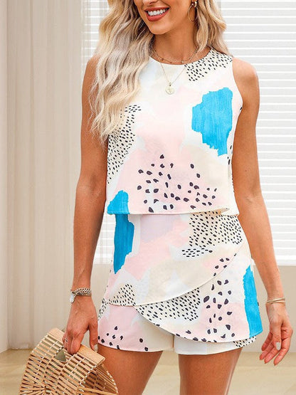 Abstract Sky Blue Sleeveless Women's Jumpsuit with Sexy Print