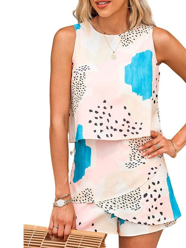 Abstract Sky Blue Sleeveless Women's Jumpsuit with Sexy Print