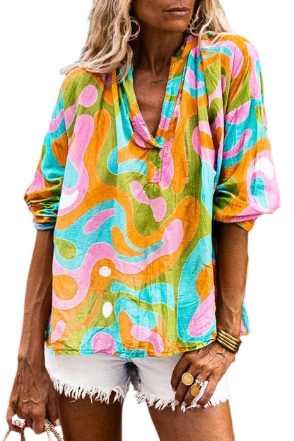 Abstract V Neck Blouse with Multicolor Print