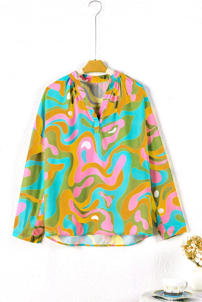 Abstract V Neck Blouse with Multicolor Print