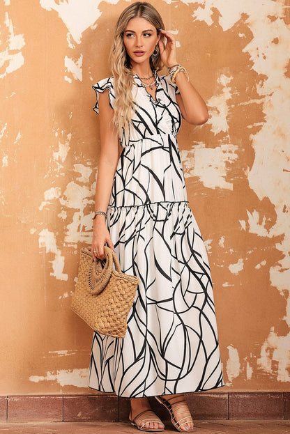 Abstract Vein Print V Neck Ruffle Maxi Dress in White