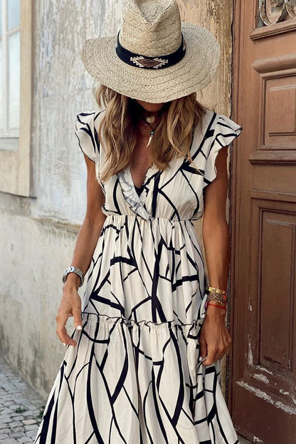 Abstract Vein Print V Neck Ruffle Maxi Dress in White