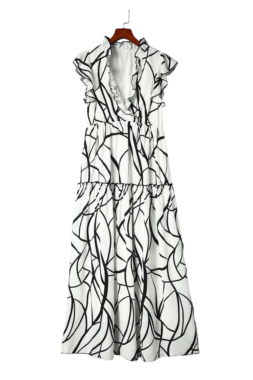 Abstract Vein Print V Neck Ruffle Maxi Dress in White