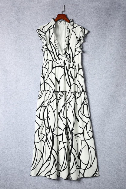 Abstract Vein Print V Neck Ruffle Maxi Dress in White