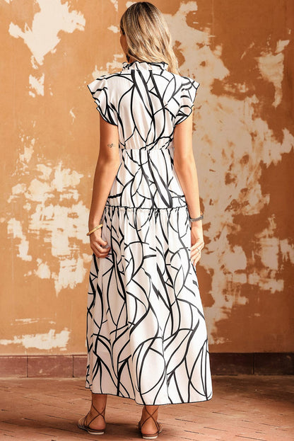 Abstract Vein Print V Neck Ruffle Maxi Dress in White