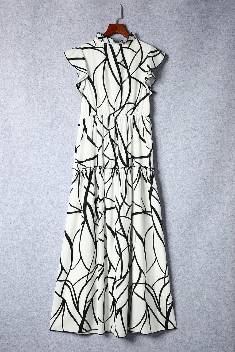 Abstract Vein Print V Neck Ruffle Maxi Dress in White