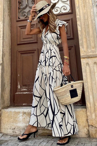 Abstract Vein Print V Neck Ruffle Maxi Dress in White