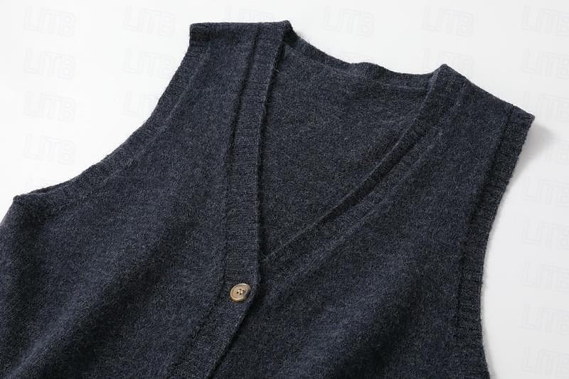 Women's Sweater Vest V Neck Ribbed Knit Polyester Knit Button Summer Fall Daily Holiday Going out Stylish Casual Soft Sleeveless Pure Color Black Khaki Beige One-Size