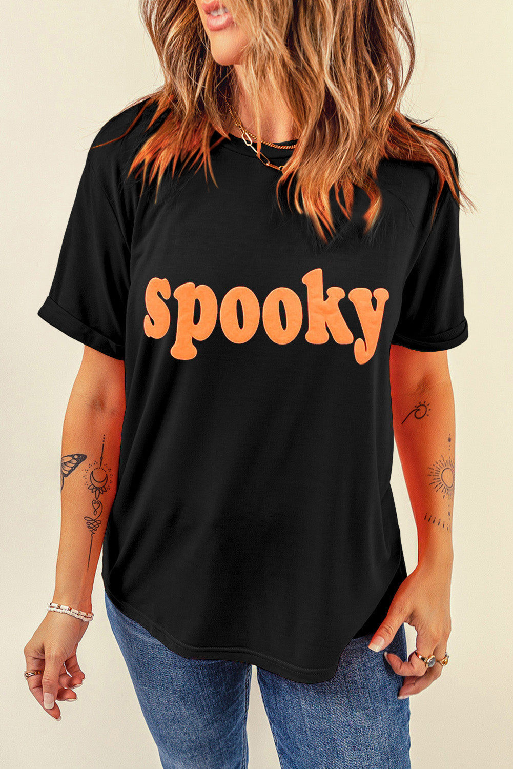 Black Halloween Spooky Crew Neck Casual T-Shirts