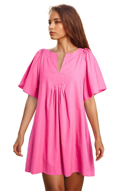 Bonbon Split V Neck Short Flutter Sleeve Pleated Shift Dress