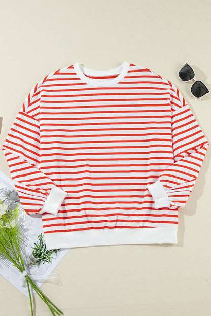 Orange Stripe Drop Shoulder Crew Neck Loose Sweatshirt