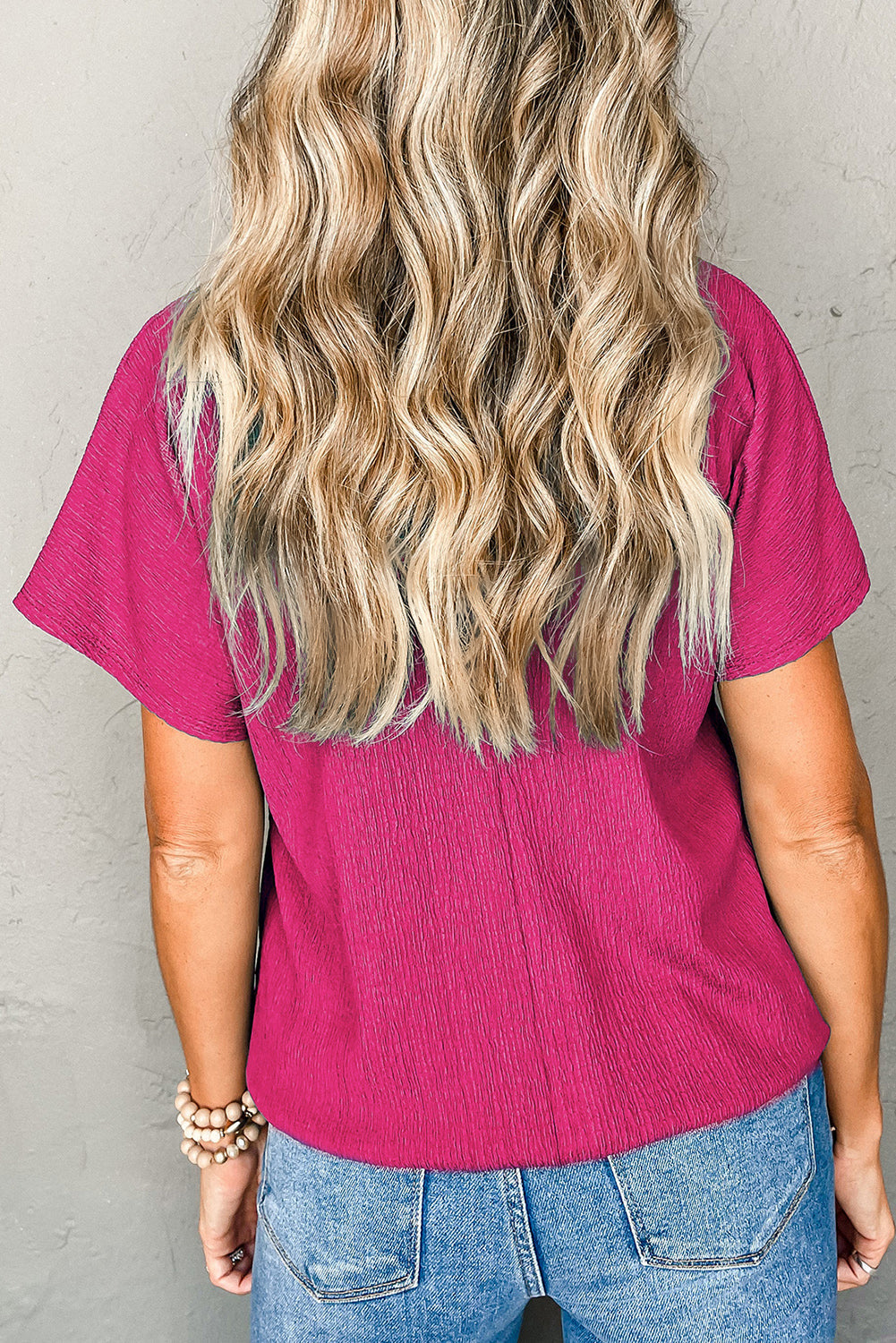 Bubble Hem Bright Pink V Neck Plus Size Top