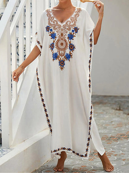 Women's White Dress Summer Dress Cover Up Long Dress Maxi Dress Embroidered Split Vacation Beach Maxi Boho V Neck Half Sleeve Black White Color