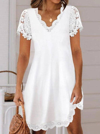 Women's White Lace Wedding Dress Mini Dress Cotton with Sleeve Date Streetwear V Neck Short Sleeve White Color