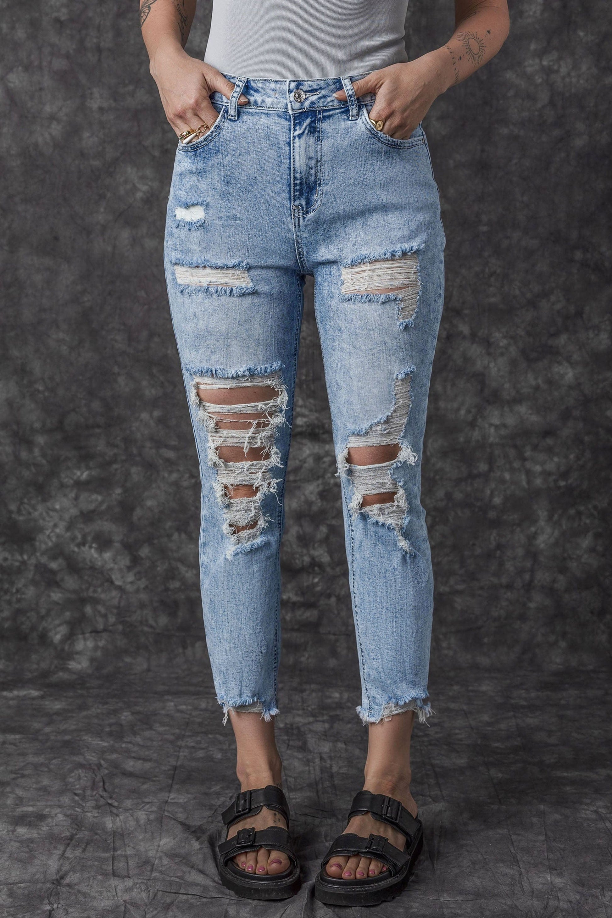 Acid Washed Sky Blue Distressed Slim Fit Denim Jeans