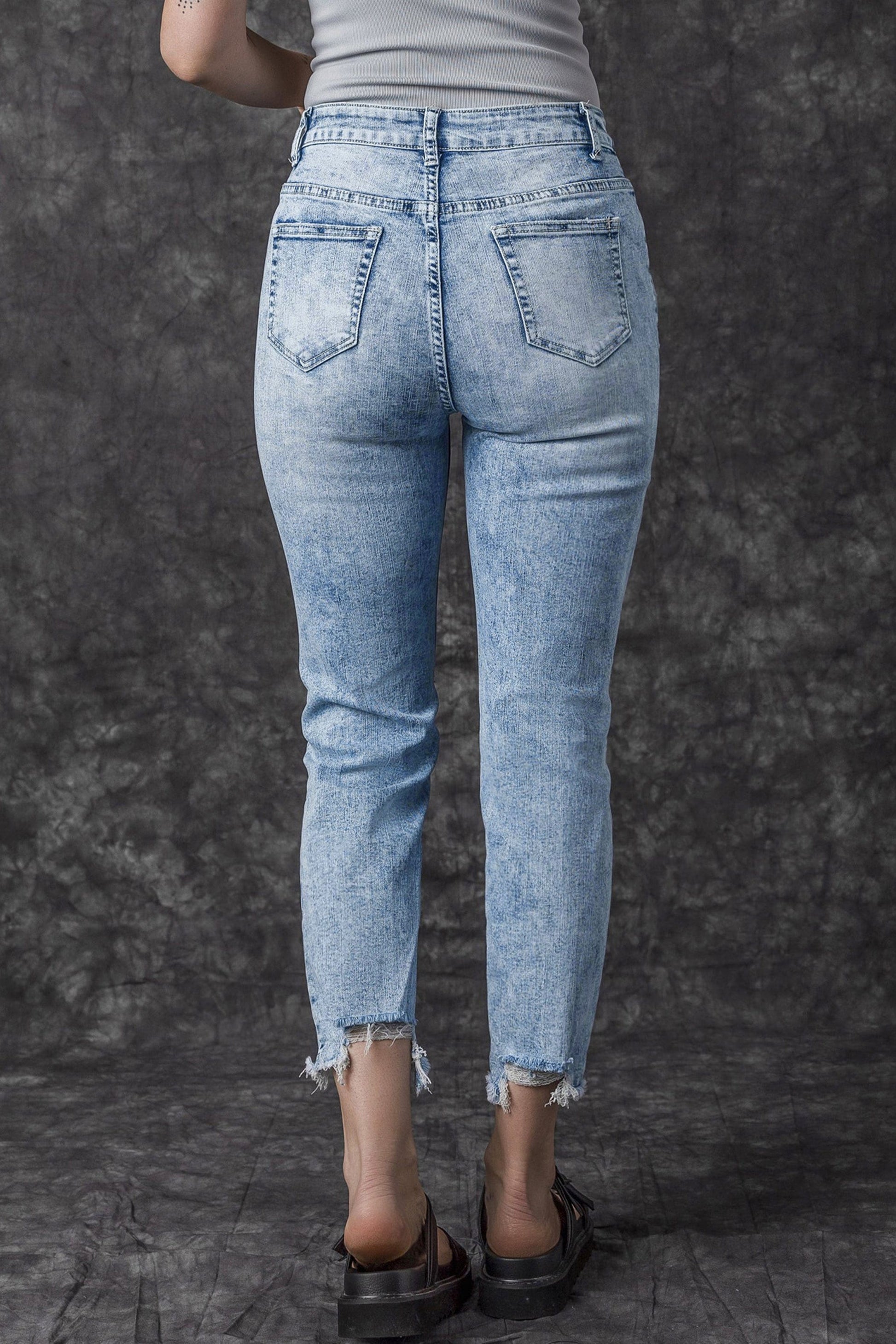 Acid Washed Sky Blue Distressed Slim Fit Denim Jeans