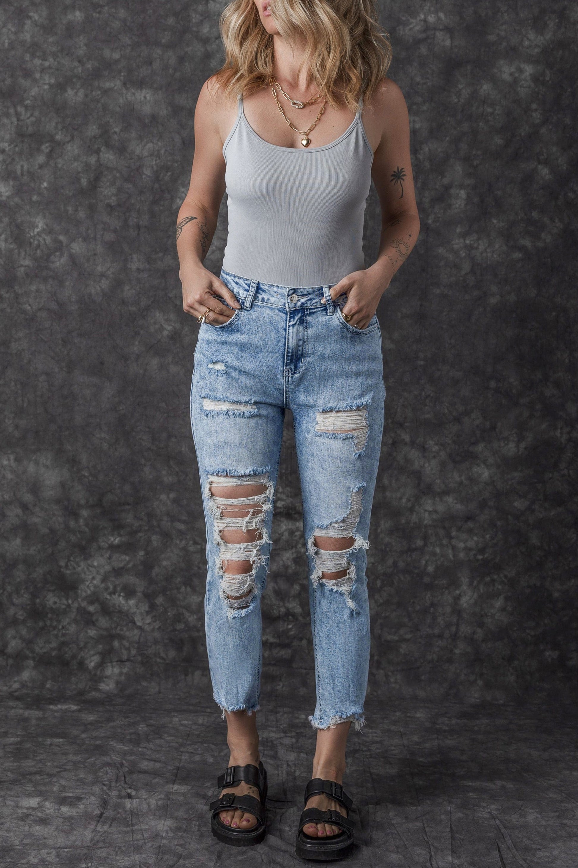 Acid Washed Sky Blue Distressed Slim Fit Denim Jeans