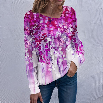 Women's T shirt Tee Floral Casual Holiday Print Pink Long Sleeve Fashion V Neck Spring &  Fall