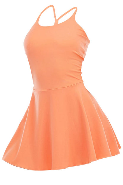 Active Grapefruit Orange U-Neck Dress with Spaghetti Straps & Pocket