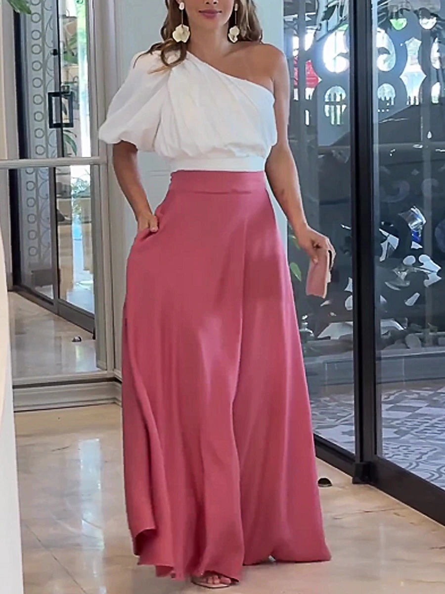 Women's Two Piece Dress Set Casual Dress Skirt Set Swing Dress Outdoor Date Fashion Streetwear Pocket Long Dress Maxi Dress One Shoulder Half Sleeve Plain Regular Fit Pink Summer Spring S M L XL XXL