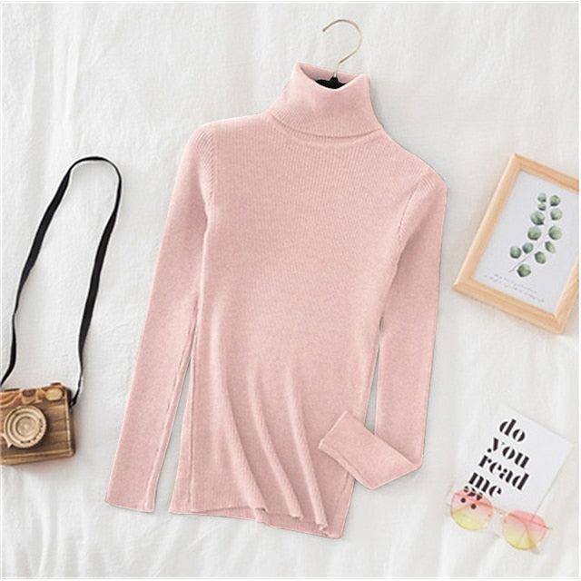 Women's Pullover Sweater Jumper Turtleneck Ribbed Knit Spandex Knitted Thin Fall Winter Daily Basic Casual Long Sleeve Solid Color caramel Black White One-Size 2XL / 3XL S / M