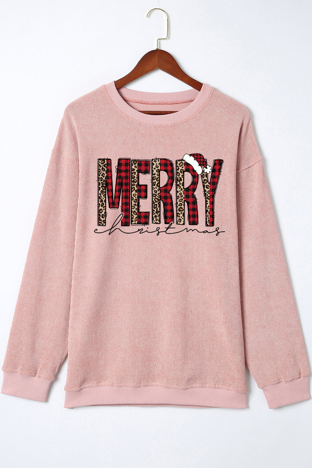 Pink MERRY Christmas Plaid Leopard Print Corded Sweatshirt