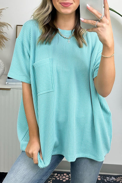 Turquoise Corded Knit Pocketed Loose Fit T Shirt