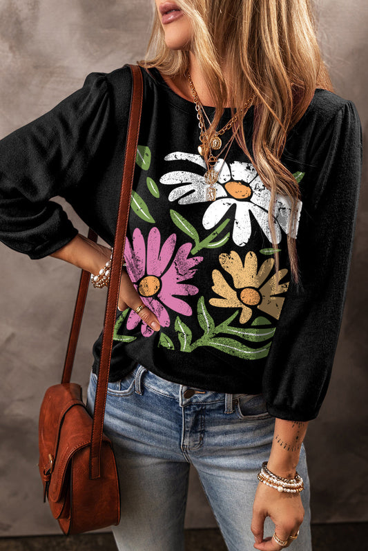 Black Flower Print Bracelet Sleeve Round Neck Top