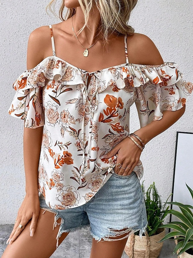 Women's Shirt Blouse Floral Daily Vacation Print White Short Sleeve Casual Cold Shoulder Summer