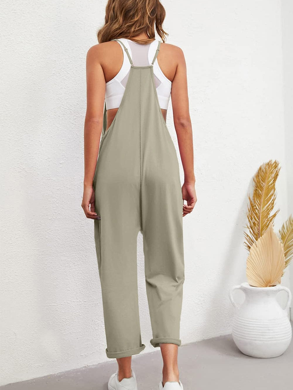 Adjustable V-Neck Green Jumpsuit with Pockets