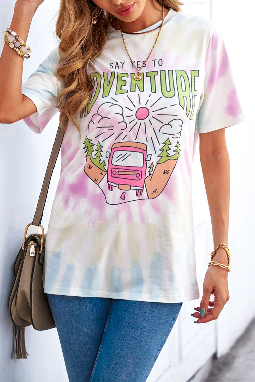 ADVENTURE AWAITS Tie-dye Print T-shirt