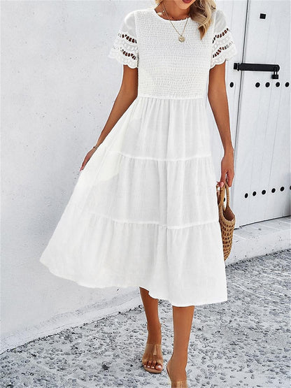 Women's White Dress Lace Dress Casual Dress Midi Dress Mesh Patchwork Date Vacation Streetwear Basic Crew Neck Short Sleeve Black White Brown Color