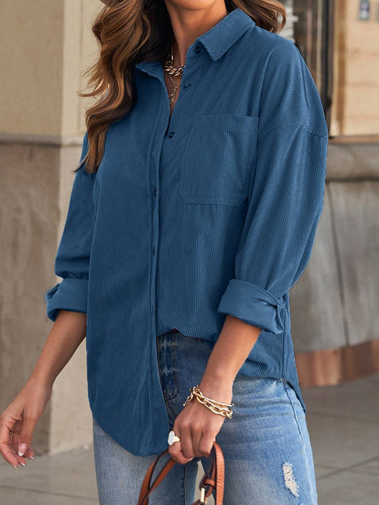 Solid Long-Sleeved V-Neck Button T-Shirt