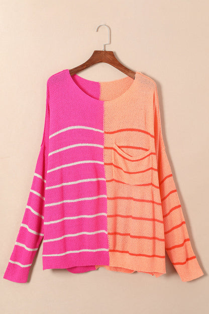 Yellow Striped Patchwork Knit Sweater for Plus Size Women