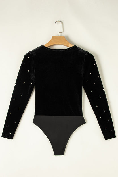 Black Velvet Beaded Long Sleeve V Neck Bodysuit